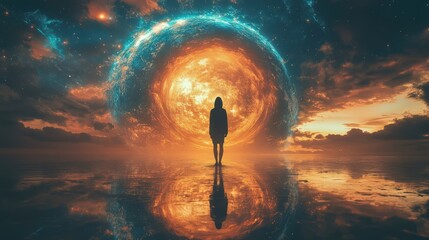 Mysterious Figure in Cosmic Landscape at Sunset