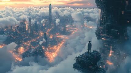Majestic Cityscape Above the Clouds at Dusk