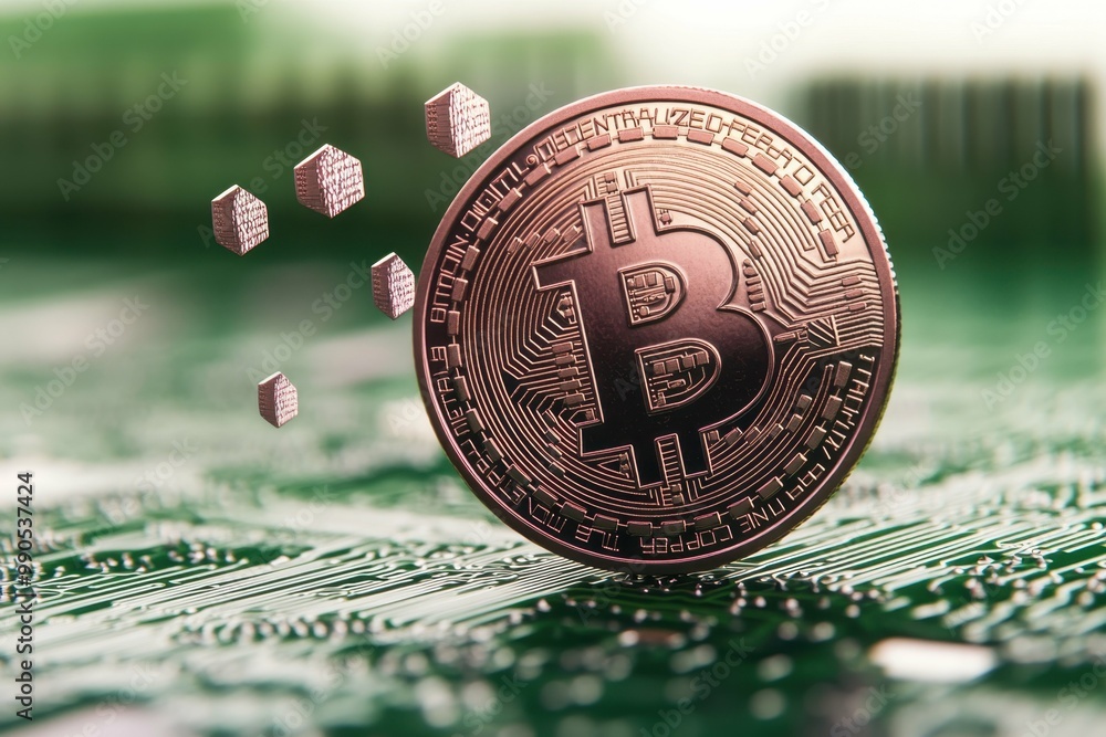Aufkleber a stylized digital coin with a circuit board background symbolizing the technological foundation of 