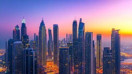 Fototapeta premium A beautiful panoramic view of Dubai's skyline at sunset.