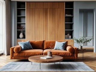 Interior design of a cozy living space with a rusty brown sofa, soft blue accents, wooden cabinets lining the walls, and smooth parquet wood flooring
