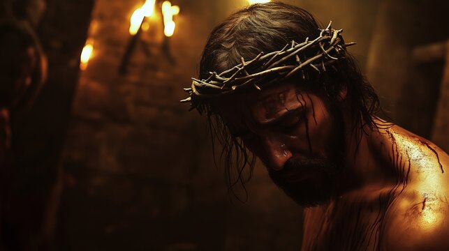 Jesus being scourged, room lit by torches