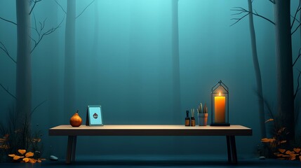 A mystical forest scene featuring a wooden table with candles and jars, creating an enchanting atmosphere for storytelling.
