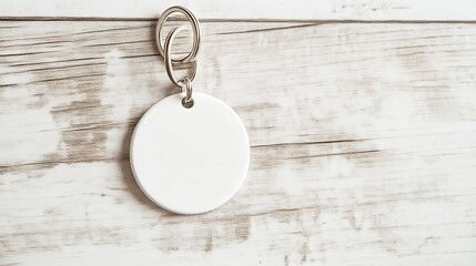 Close-up of a blank white round keychain on a rustic wooden surface, ideal for customization or promotional purposes.