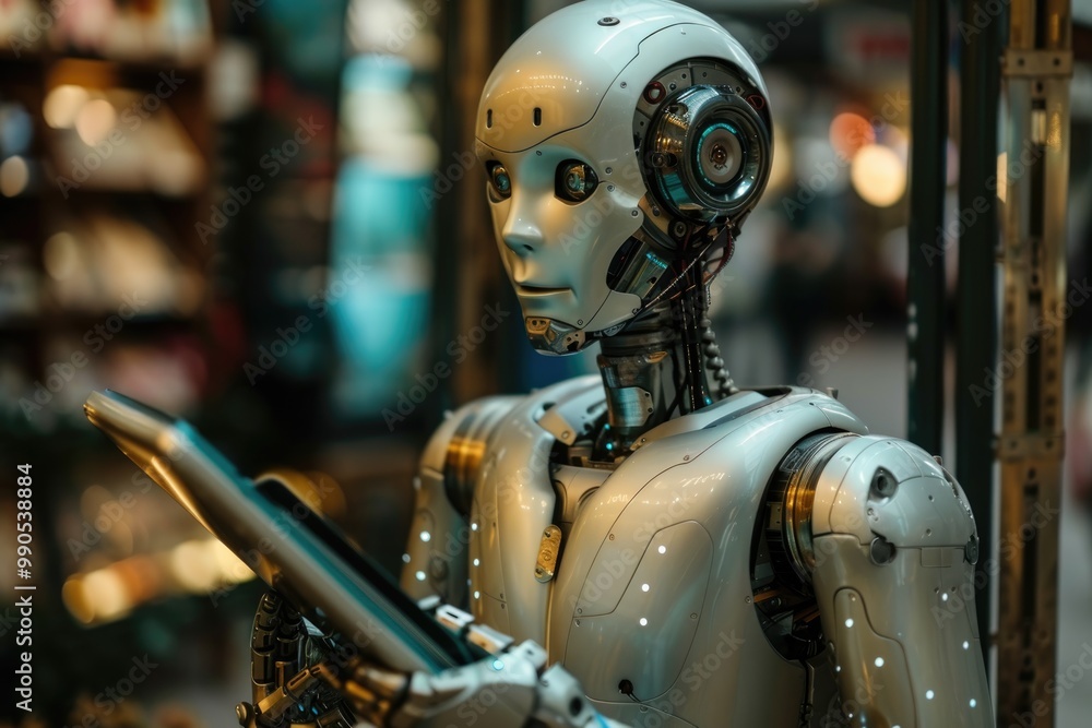 Poster futuristic humanoid robot close-up: advanced ai and robotics technology