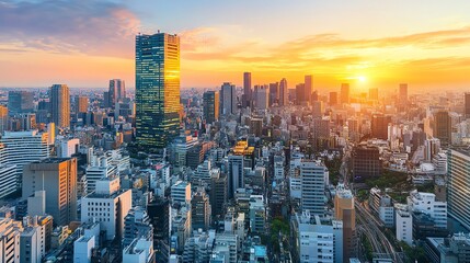 Obraz premium A panoramic view of Tokyo's skyline at sunset, showcasing modern architecture and a vibrant cityscape.