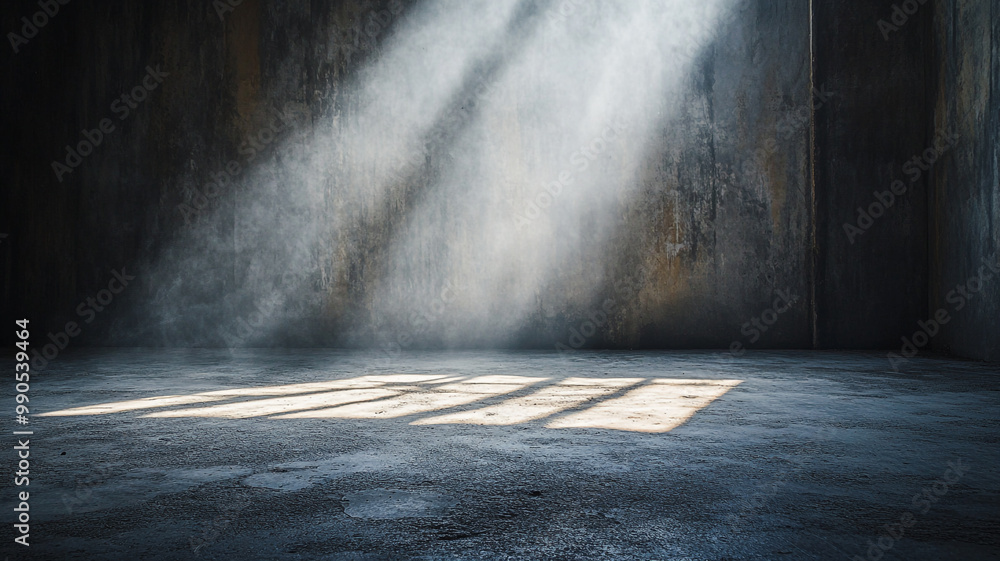 Poster mysterious light rays illuminating an empty, textured room with a concrete floor during the day