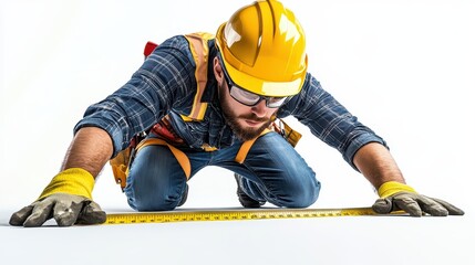 A workman wearing a hard hat and safety glasses measures a surface with a tape while kneeling