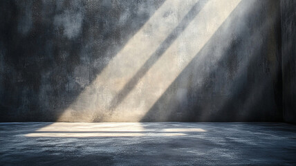 Sunlight filtering through a crack in the wall of an empty, textured room at dusk