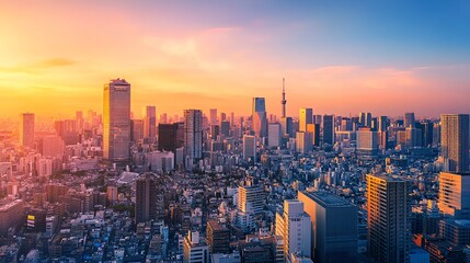 Fototapeta premium A panoramic view of the Tokyo skyline at sunset, showcasing modern architecture.