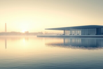 Fototapeta premium Futuristic glass building reflecting in calm lake at sunset