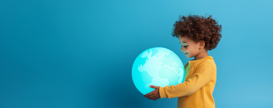 A joyful child holds a glowing globe, symbolizing curiosity and a bright future in a vibrant blue setting.