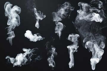 Various wisps of white smoke billow against a black background. The white creates a dramatic...