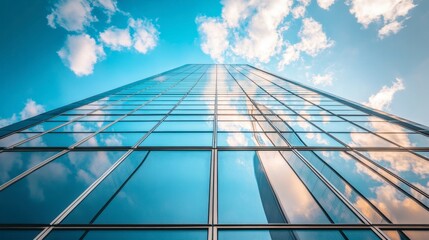 A modern glass skyscraper reflecting the blue sky and clouds, with a focus on the geometric design of the structure.