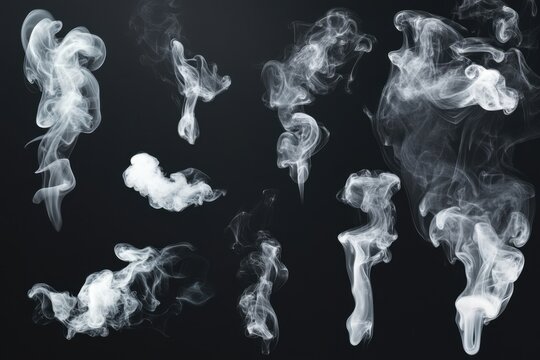 Various wisps of white smoke billow against a black background. The white creates a dramatic effect, showing the fluidity and movement of the smoke as it swirls and disappears.