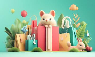 3d illustration of some rabbits surrounded by gifts on a green background. Black Friday, Cyber Monday and Christmas.