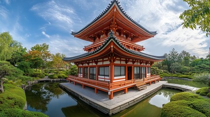 Naklejka premium A panoramic shot of a traditional Japanese temple with its pagoda-style roof and surrounding serene gardens.