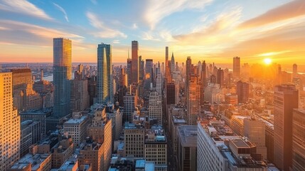 Obraz premium A panoramic view of a city skyline at sunset, highlighting the contrast between historical and modern buildings.