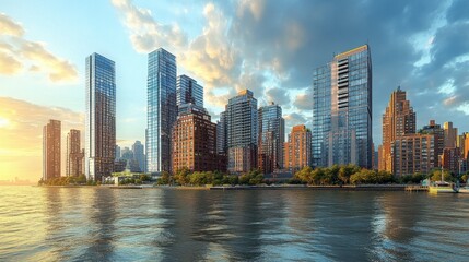 Fototapeta premium A panoramic view of a city waterfront with sleek, modern high-rises and iconic architectural landmarks.