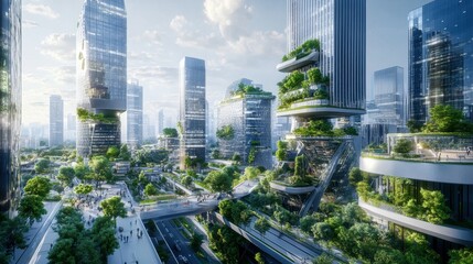 Obraz premium A panoramic view of a high-tech business district with innovative skyscrapers and green spaces integrated into the architecture.