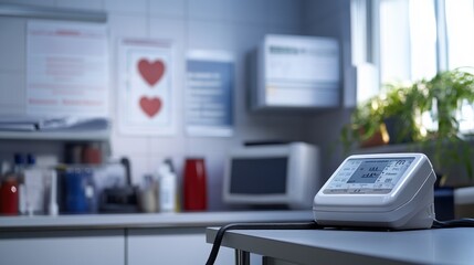 A medical device in a clinical setting, likely for monitoring blood pressure.