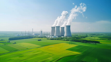 Aerial view of modern nuclear power plant with cooling towers emitting steam against clear blue sky, surrounded by lush green fields, symbolizing clean energy and environmental balance.
