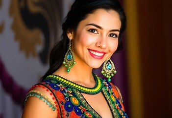 A young, dark-haired woman with olive skin wearing a colorful, beaded dress and large earrings, smiling confidently