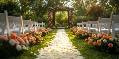 Beautiful outdoor wedding setup with floral decorations, white chairs, and a charming archway, perfect for romantic ceremonies.