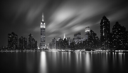 Fototapeta premium A black-and-white photo of a famous city skyline or iconic landmark, evoking a timeless, classic look