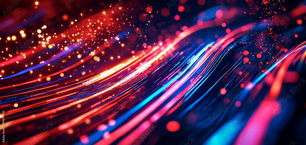 Poster holographic data lines, glowing particle streams, futuristic tech background, abstract network