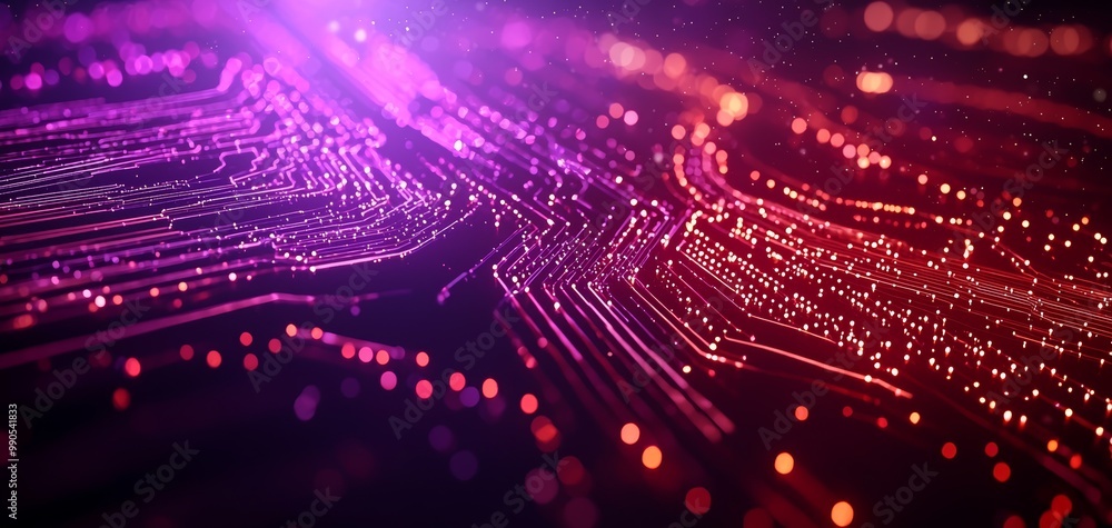 Poster holographic data lines, glowing particle streams, futuristic tech background, abstract network