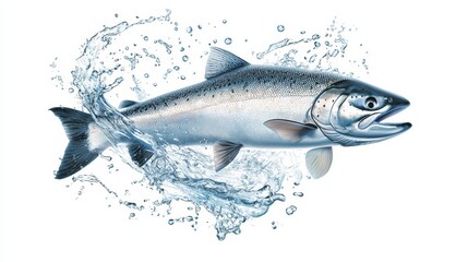 Obraz premium Leaping salmon fish with water splash, highly detailed fins and scales, hyper-realistic rendering, isolated on white background