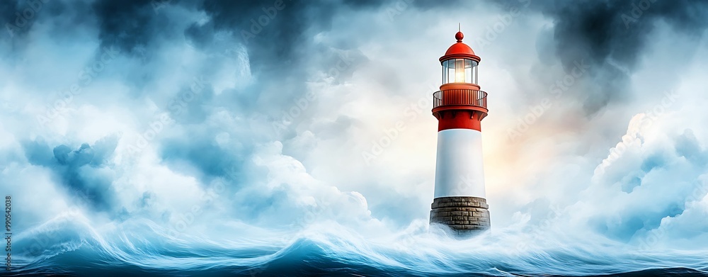 Wall mural a lighthouse stands resilient against turbulent waves and a dramatic sky, symbolizing guidance and s