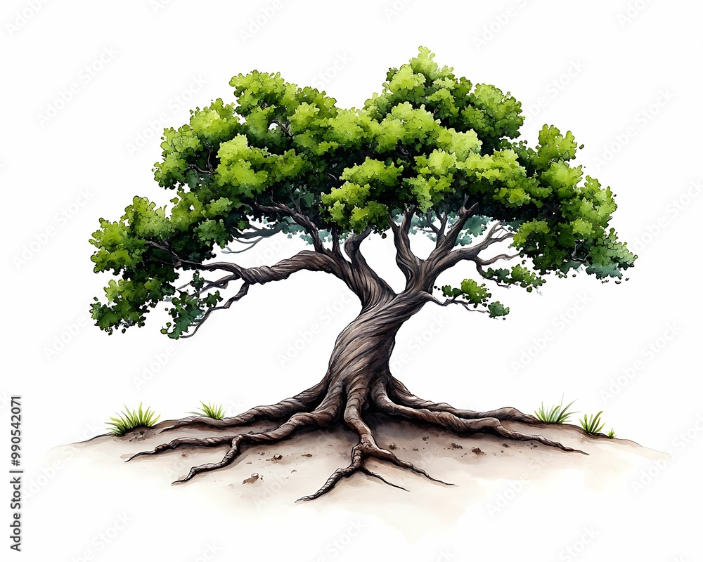 Poster a stylized, green tree with a twisted trunk and visible roots, symbolizing strength and resilience i