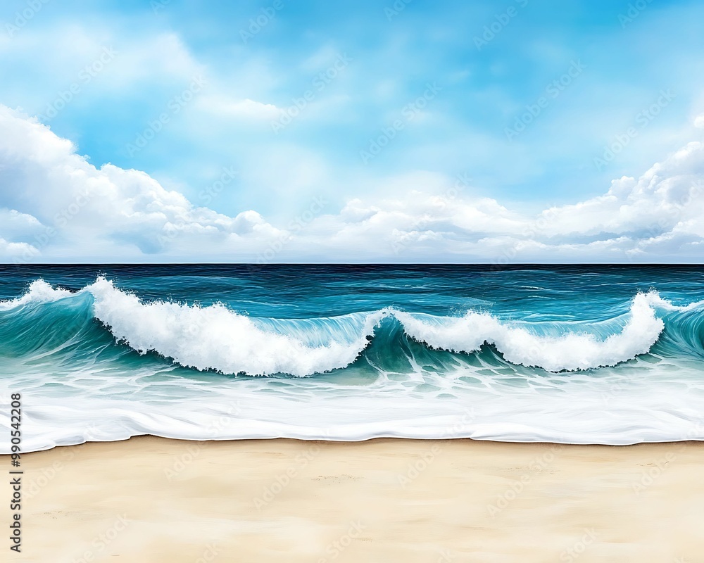 Wall mural a serene beach scene with gentle waves lapping at a sandy shore under a bright blue sky with fluffy 