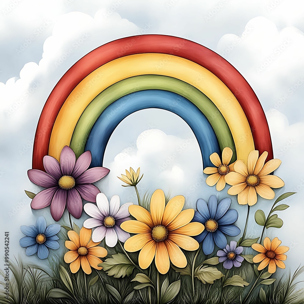 Poster a vibrant rainbow arches over a colorful array of flowers, set against a soft, cloudy sky, creating 