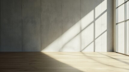 Minimalist room with wooden floor and concrete walls, sunlight streaming through window, soft shadows, ultra-realistic detail, 8K, serene and modern interior