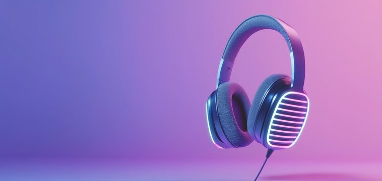 Microphone and headphones in a glowing neon studio, ultra-realistic, 8K resolution, professional audio equipment, vibrant and creative setup