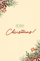 Merry Christmas greeting card design featuring festive elements and warm holiday wishes, vector