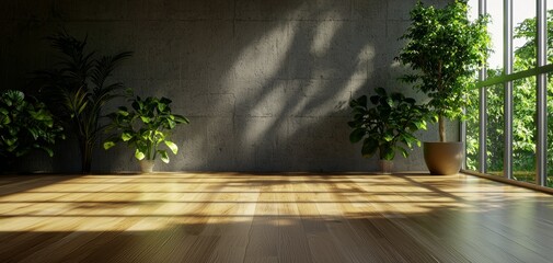 Fototapeta premium Modern minimalist space with wooden floor and concrete walls, sunlight creating soft shadows, ultra-realistic detail, 8K, peaceful and calming interior