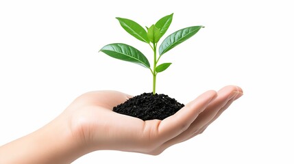 A hand cradles rich soil with a young green plant sprouting, symbolizing growth, nurturing, and environmental care.