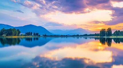 Fototapeta premium Serene panorama of a tranquil lake at sunrise, showcasing the stunning reflections of the colorful sky and majestic surrounding mountains