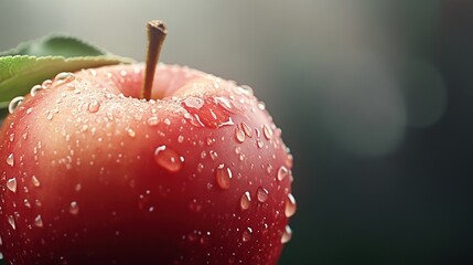 A close-up of a vibrant red apple glistening with water droplets, showcasing its freshness and natural beauty.