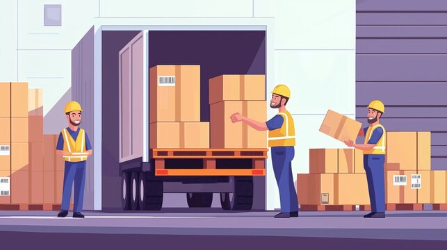 Happy movers male professional team in overalls loading, packing and unloading items with care