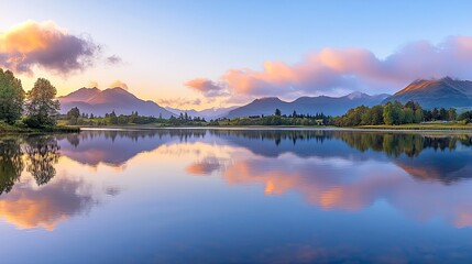 Obraz premium Serene panorama of a tranquil lake at sunrise, showcasing the stunning reflections of the colorful sky and majestic surrounding mountains