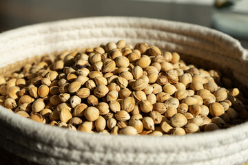 A close-up of many cherry pits placed in a basket. Textured, natural background. Natural light...