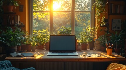 Cozy Home Office Workspace with Laptop, Plants, and Sunlight Streaming Through Window