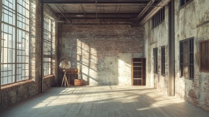 A shot of an industrial loft apartment interior, with exposed brick walls, metal beams, and large windows.