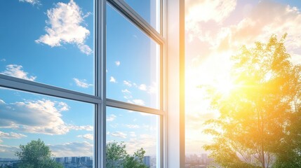 A sparkling clean window reflecting bright sunlight, creating a crystal-clear view.