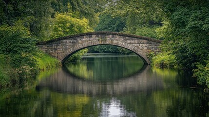 Fototapeta premium A view of an old stone bridge crossing a serene river, with surrounding trees and greenery reflecting in the water.